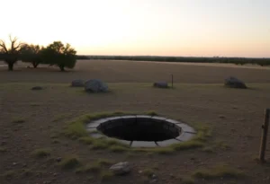 An empty field in San Antonio, Texas, with an abandoned water well partially visible among the rocks.