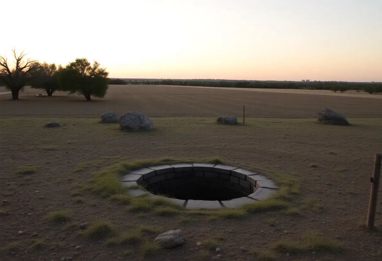 An empty field in San Antonio, Texas, with an abandoned water well partially visible among the rocks.