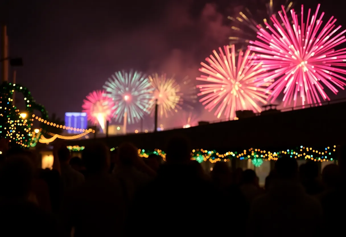 Colorful fireworks over San Antonio skyline during New Year's Eve celebration.
