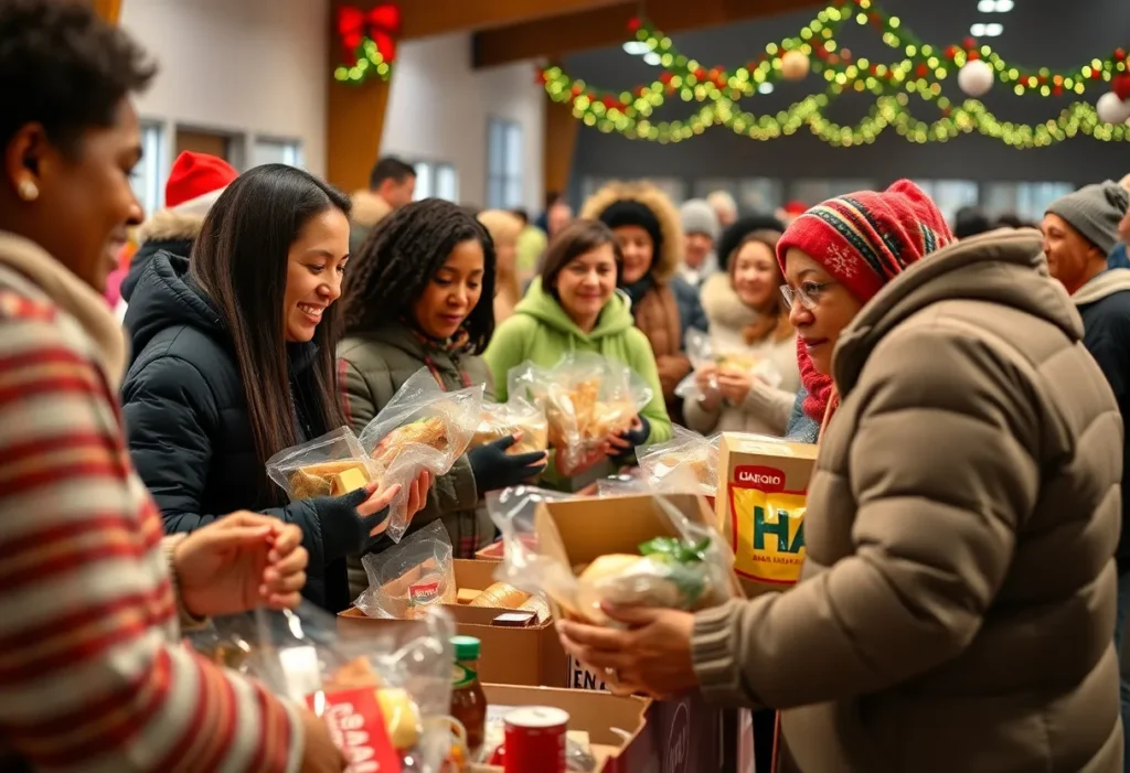 Community members receiving food at a holiday food drive organized by San Antonio Food Bank