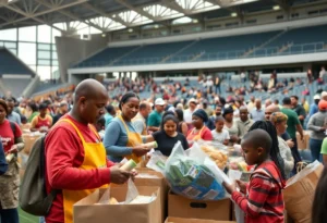 Families receiving food assistance at a San Antonio community event