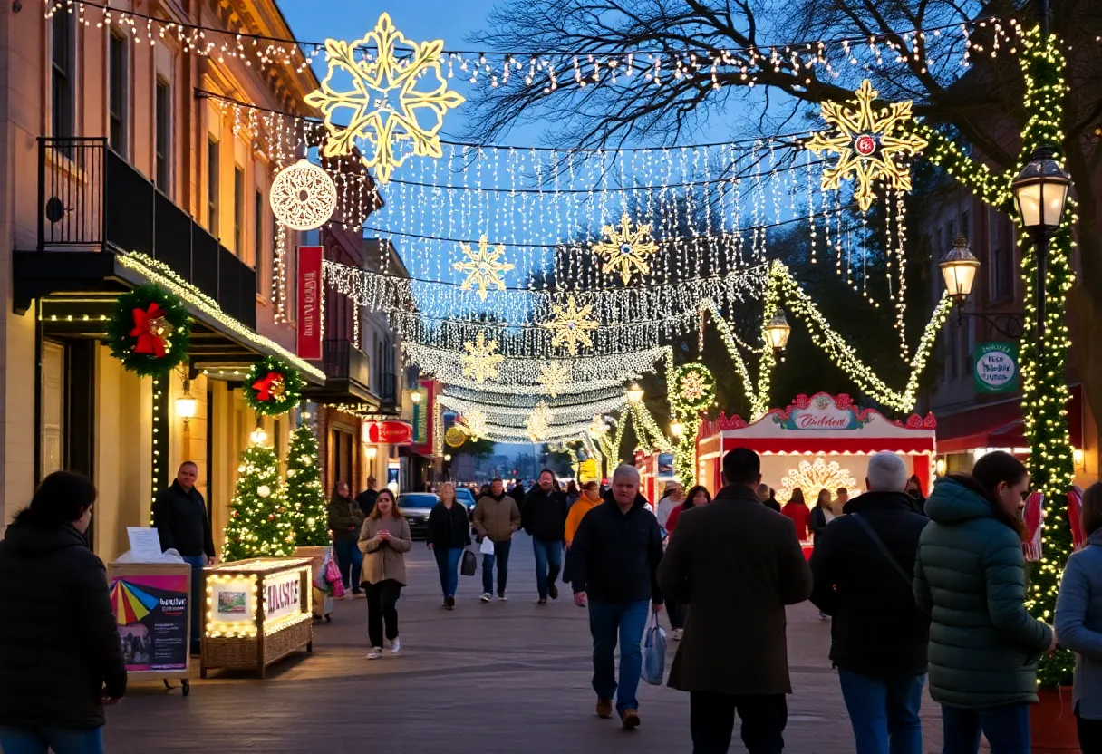 Celebration scene in San Antonio decorated with holiday lights and community members volunteering.