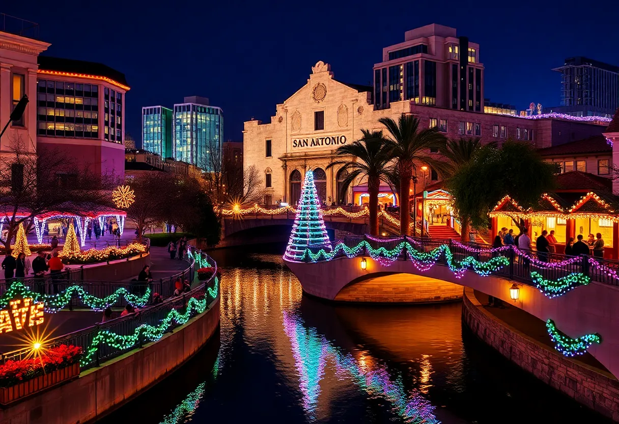 Celebration scene in San Antonio during the holiday season with festive lights and decorations.