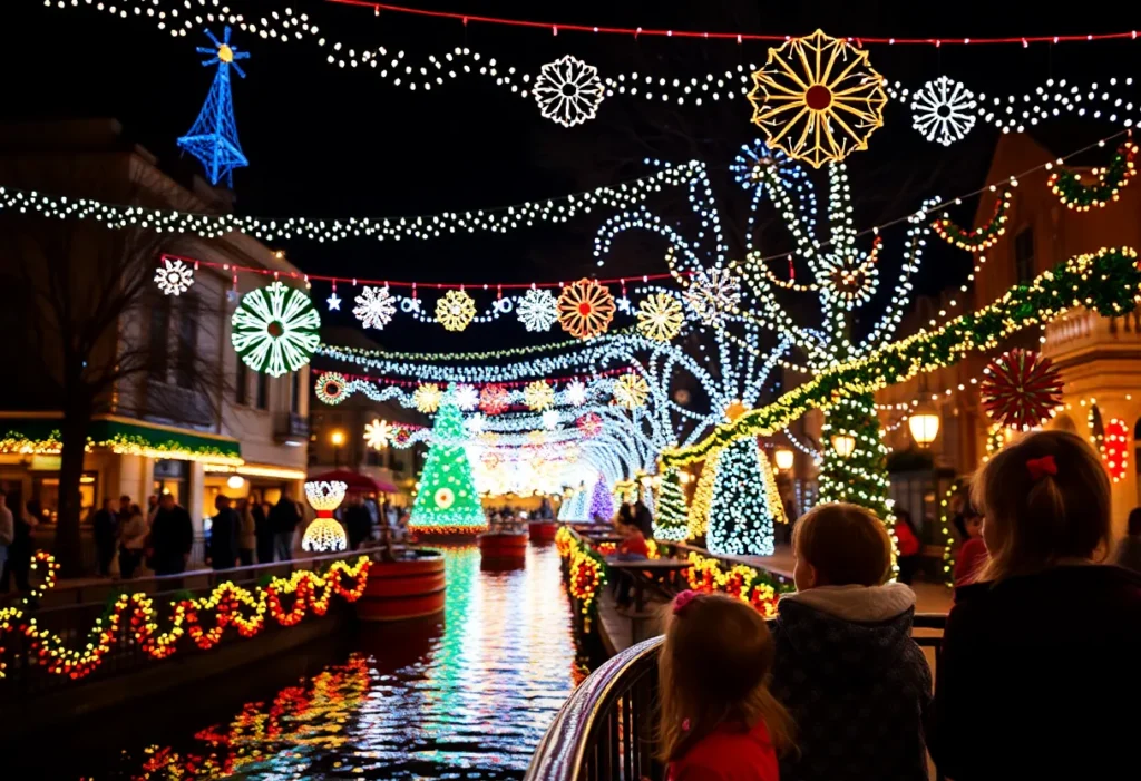 Families enjoying holiday festivities in San Antonio along the riverwalk