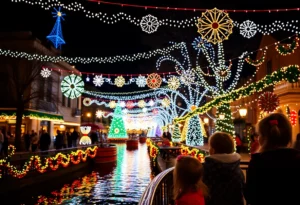Families enjoying holiday festivities in San Antonio along the riverwalk