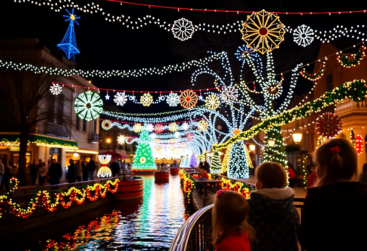 Families enjoying holiday festivities in San Antonio along the riverwalk