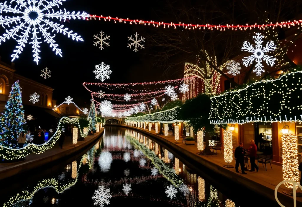 Festive decoration along the San Antonio River Walk illuminated with holiday lights.