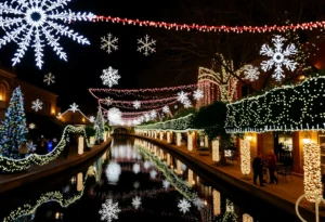 Festive decoration along the San Antonio River Walk illuminated with holiday lights.