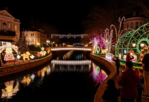 Festive holiday lights illuminating the River Walk in San Antonio