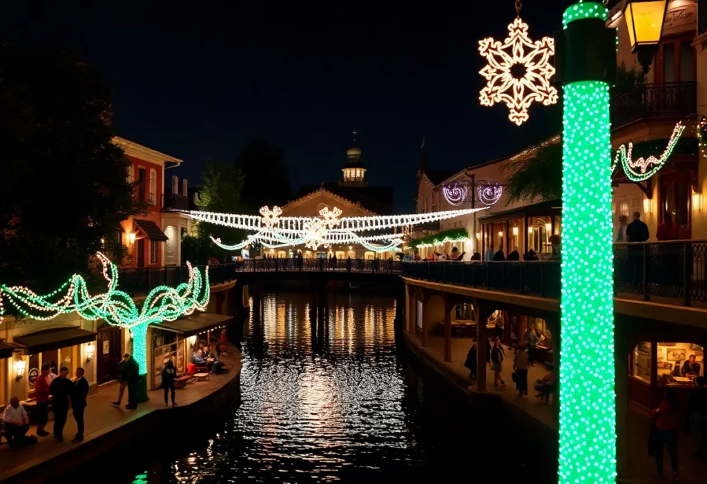 Colorful holiday lights illuminating the San Antonio River Walk