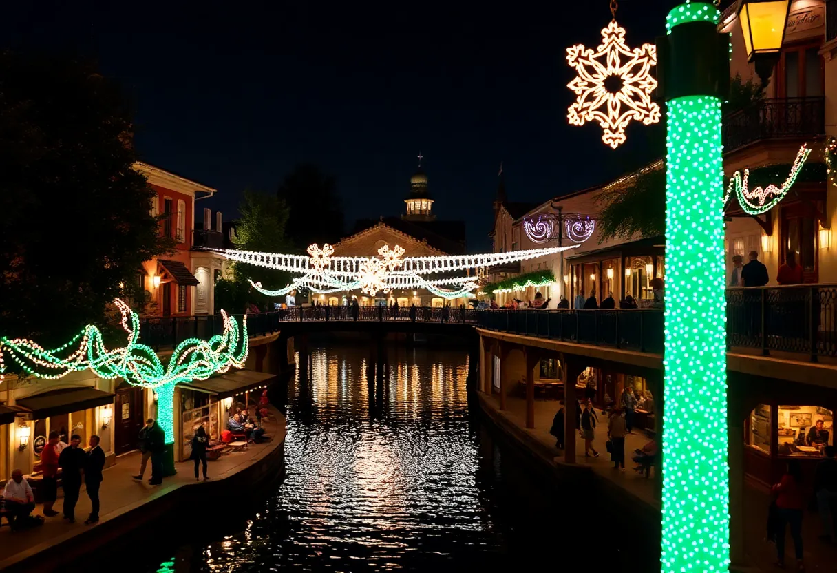 Colorful holiday lights illuminating the San Antonio River Walk