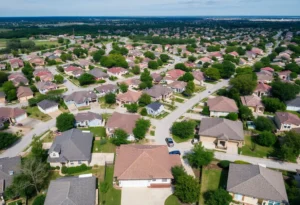 Aerial view of San Antonio housing market with homes for sale signs.