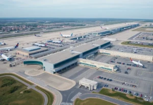 Aerial view of San Antonio International Airport during the holiday season with crowded terminals.