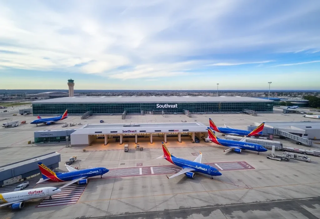 Aerial view of San Antonio International Airport, focusing on Terminal A and Southwest Airlines gates.
