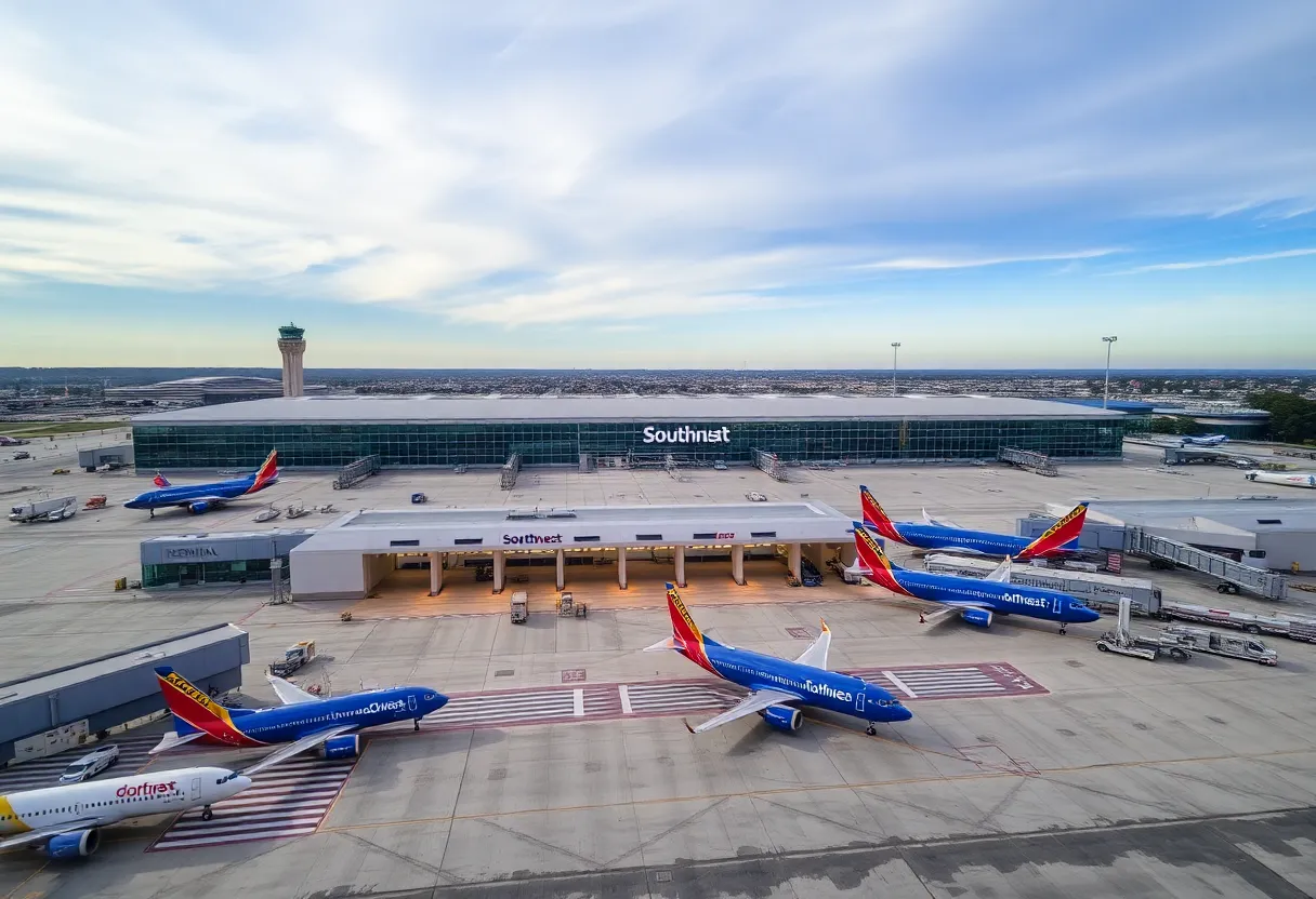 Aerial view of San Antonio International Airport, focusing on Terminal A and Southwest Airlines gates.