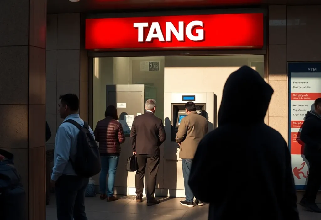 Urban bank scene with potential thieves lurking