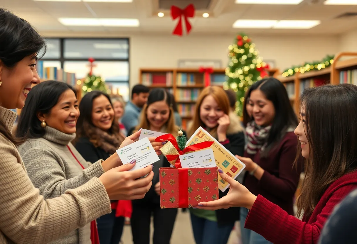 Residents at San Antonio Public Library receiving giftable library cards during holiday season.