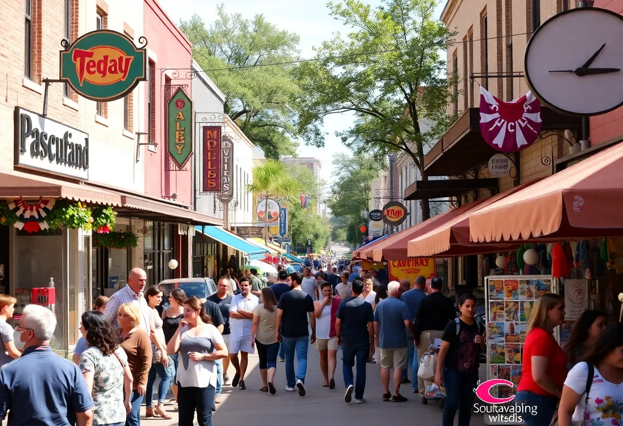 Street scene in San Antonio highlighting local businesses and community events