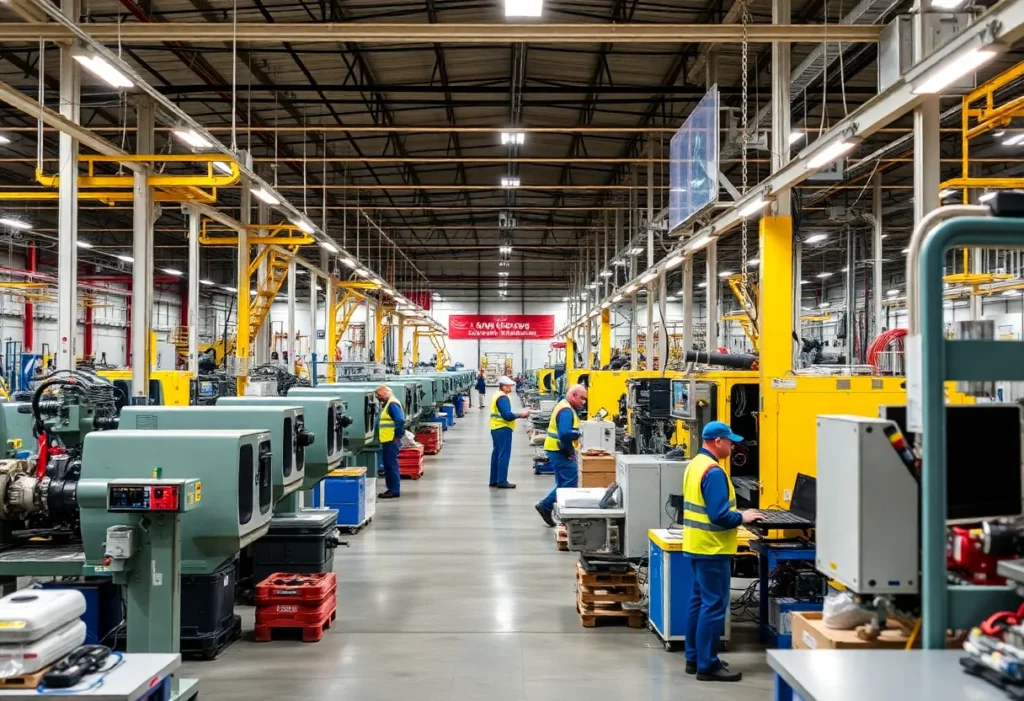 Workers operating advanced machinery in a San Antonio manufacturing facility