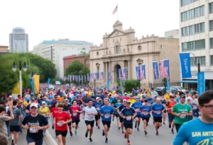 Runners participating in the San Antonio Marathon in downtown San Antonio.