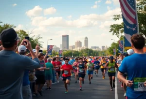 Cheering crowds at the San Antonio Marathon 2025 with runners and the skyline