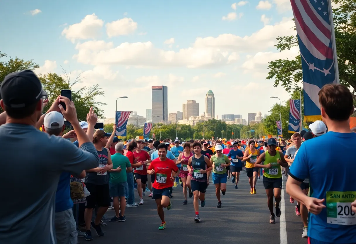 Cheering crowds at the San Antonio Marathon 2025 with runners and the skyline