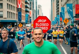 Runners participating in the San Antonio Marathon with cheering spectators and city views.
