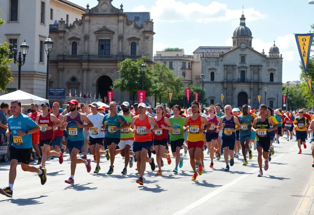 Runners participating in the San Antonio Marathon surrounded by diverse community members