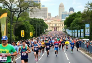 Runners participating in the San Antonio Marathon with cheering spectators.
