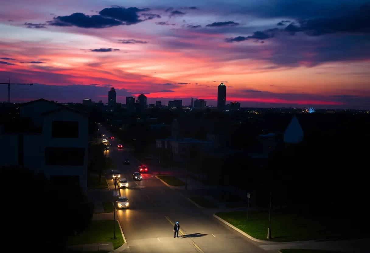 Urban landscape of San Antonio focused on community safety for missing persons.