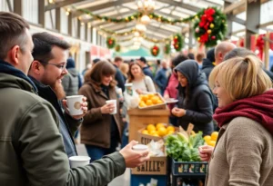 Community members enjoying free coffee at the neighborhood market opening