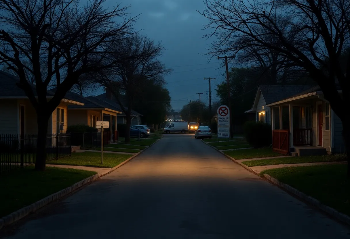 View of a quiet residential neighborhood in San Antonio following a tragic shooting incident.