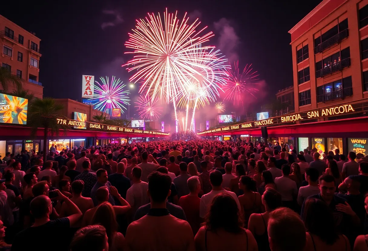 Crowd celebrating at San Antonio New Year's Eve event with fireworks