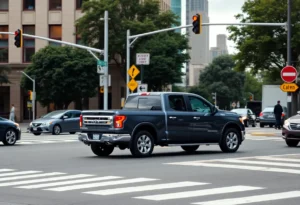 Scene of a pedestrian accident in San Antonio with a pickup truck and street crosswalk.