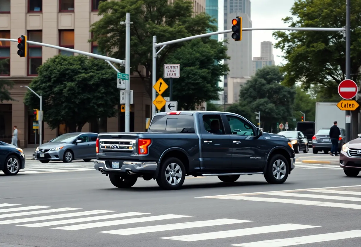 Scene of a pedestrian accident in San Antonio with a pickup truck and street crosswalk.