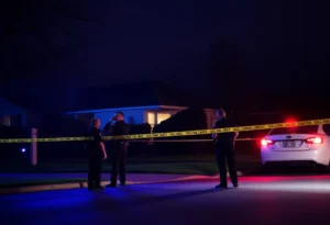 Police officers at a crime scene with flashing lights in a residential area