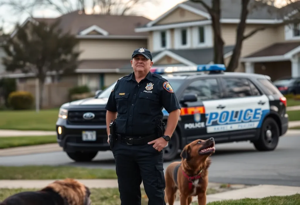 Police officer approaching a barking dog during a traffic stop
