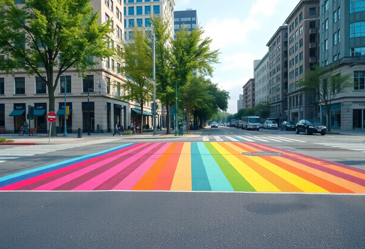 Fading rainbow crosswalk at San Antonio intersection