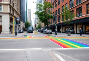Colorful rainbow sidewalk treatments in San Antonio
