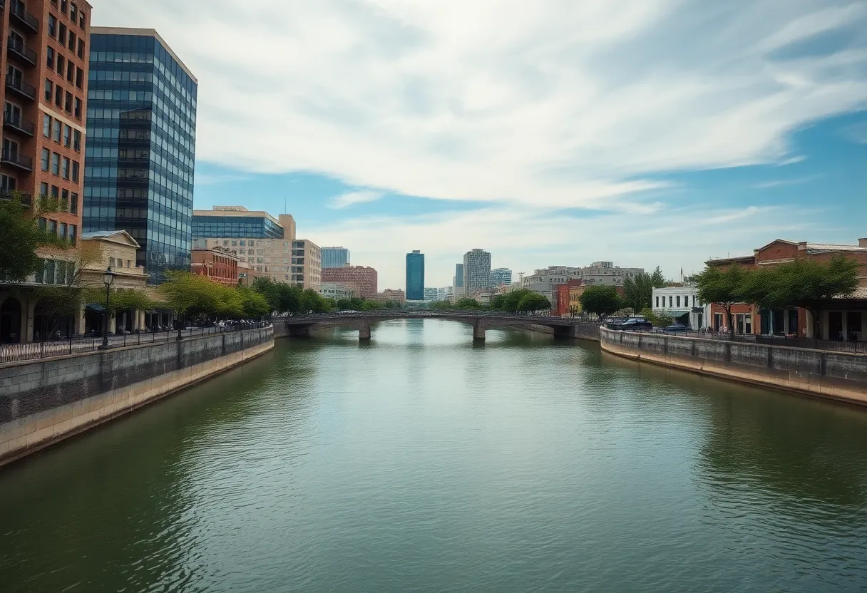 View of the San Antonio River in the Pearl district amidst urban scenery.