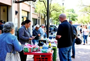 Busy outdoor area in San Antonio showing transactions between individuals, highlighting safety concerns.