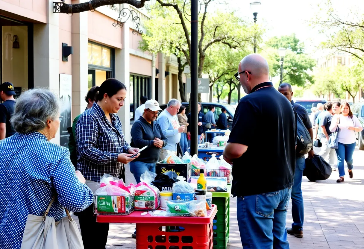 Busy outdoor area in San Antonio showing transactions between individuals, highlighting safety concerns.