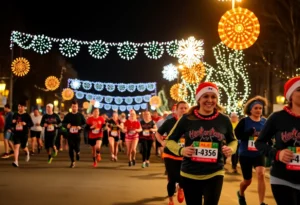 Participants running in festive attire during the STARS at Night HALF and St. Nick@Night events in San Antonio.