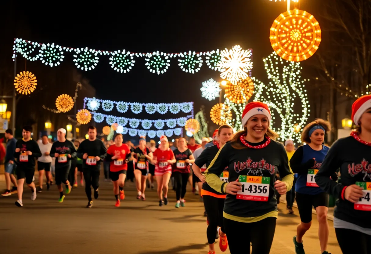 Participants running in festive attire during the STARS at Night HALF and St. Nick@Night events in San Antonio.