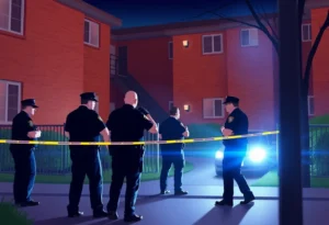 Law enforcement officers at an apartment complex during a standoff