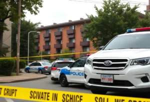 Police at an apartment complex after a shooting incident
