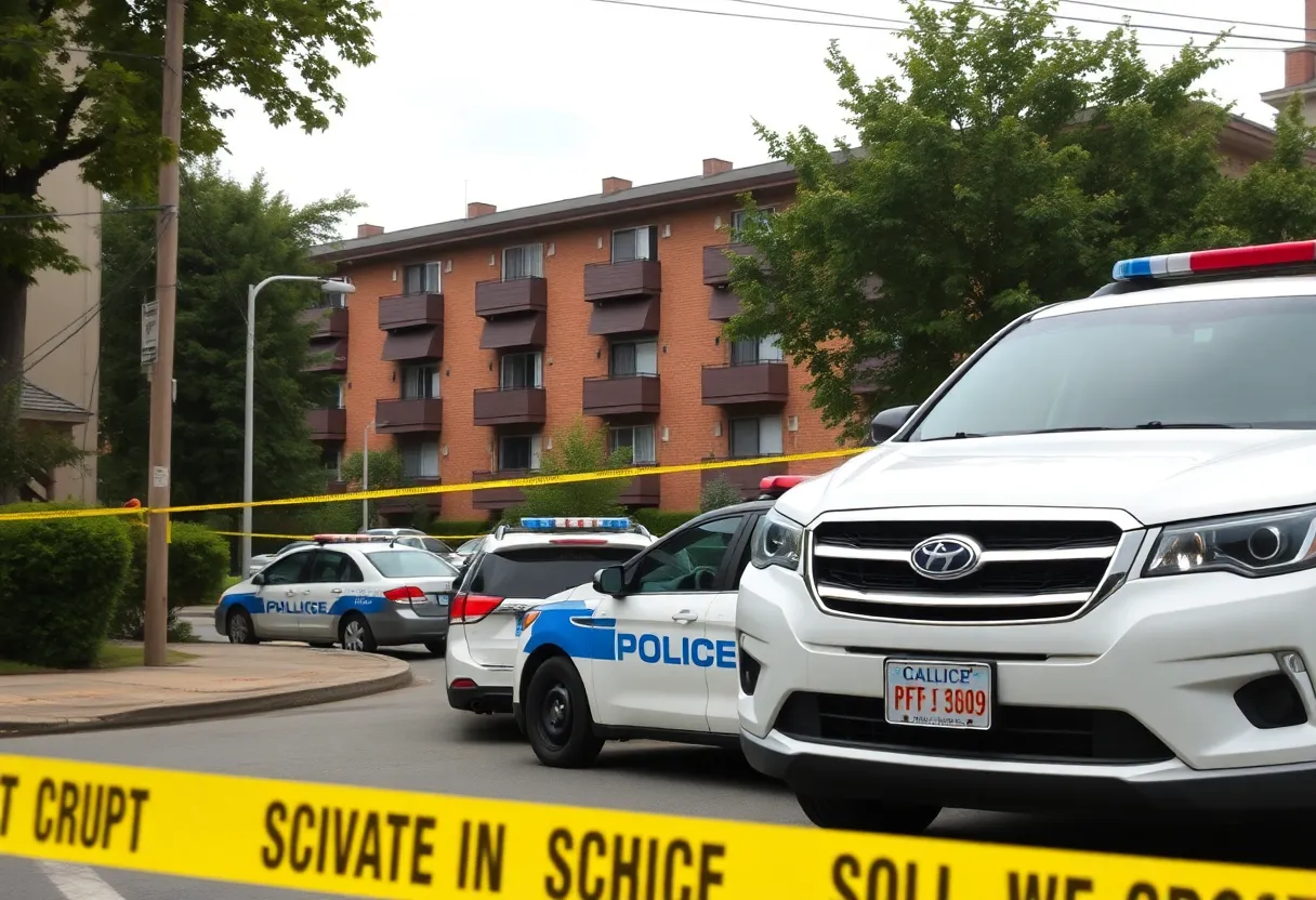 Police at an apartment complex after a shooting incident