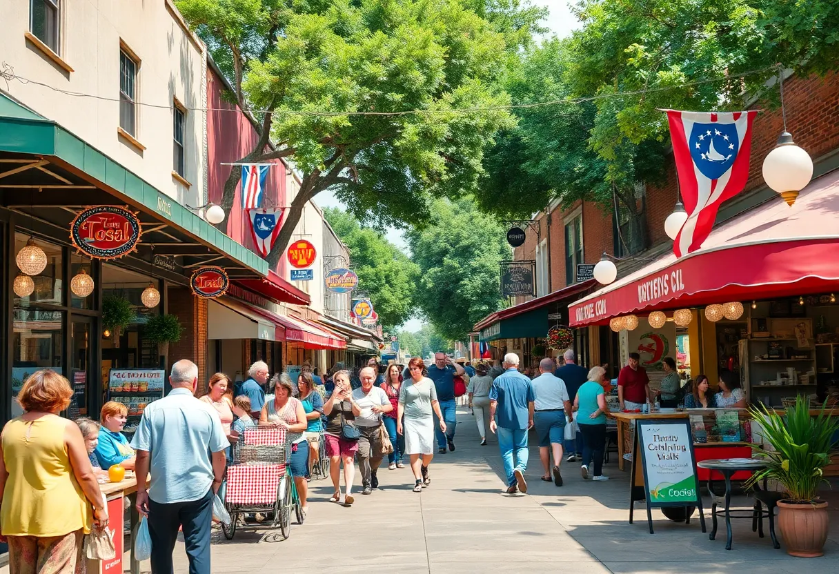 A lively street in San Antonio filled with small businesses and shoppers.
