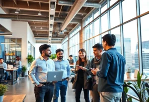 A vibrant image of San Antonio's startup scene showing collaboration among diverse entrepreneurs.