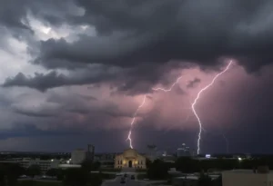 Severe storm clouds and lightning over San Antonio skyline